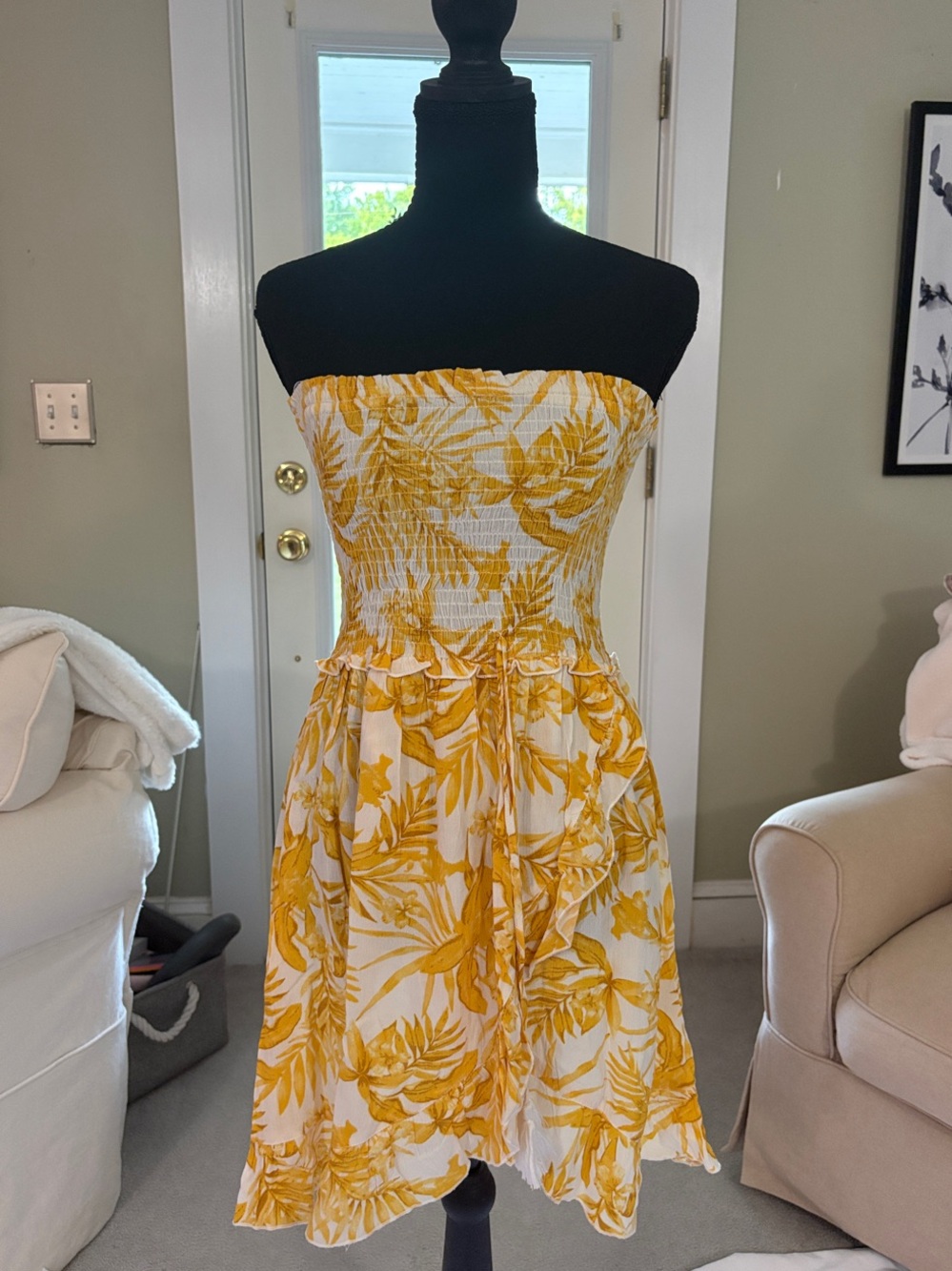blue island Strapless Yellow Floral Sundress on White